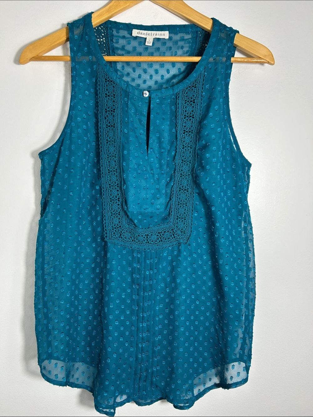 Daniel Rainn Teal Swiss Dot Sleeveless Blouse Lace Trim Tank Top Small